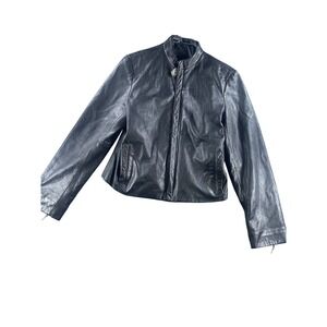 Ralph Lauren Black Leather Jacket Angel Zipper Pull Pink Quilted Lining Womens M